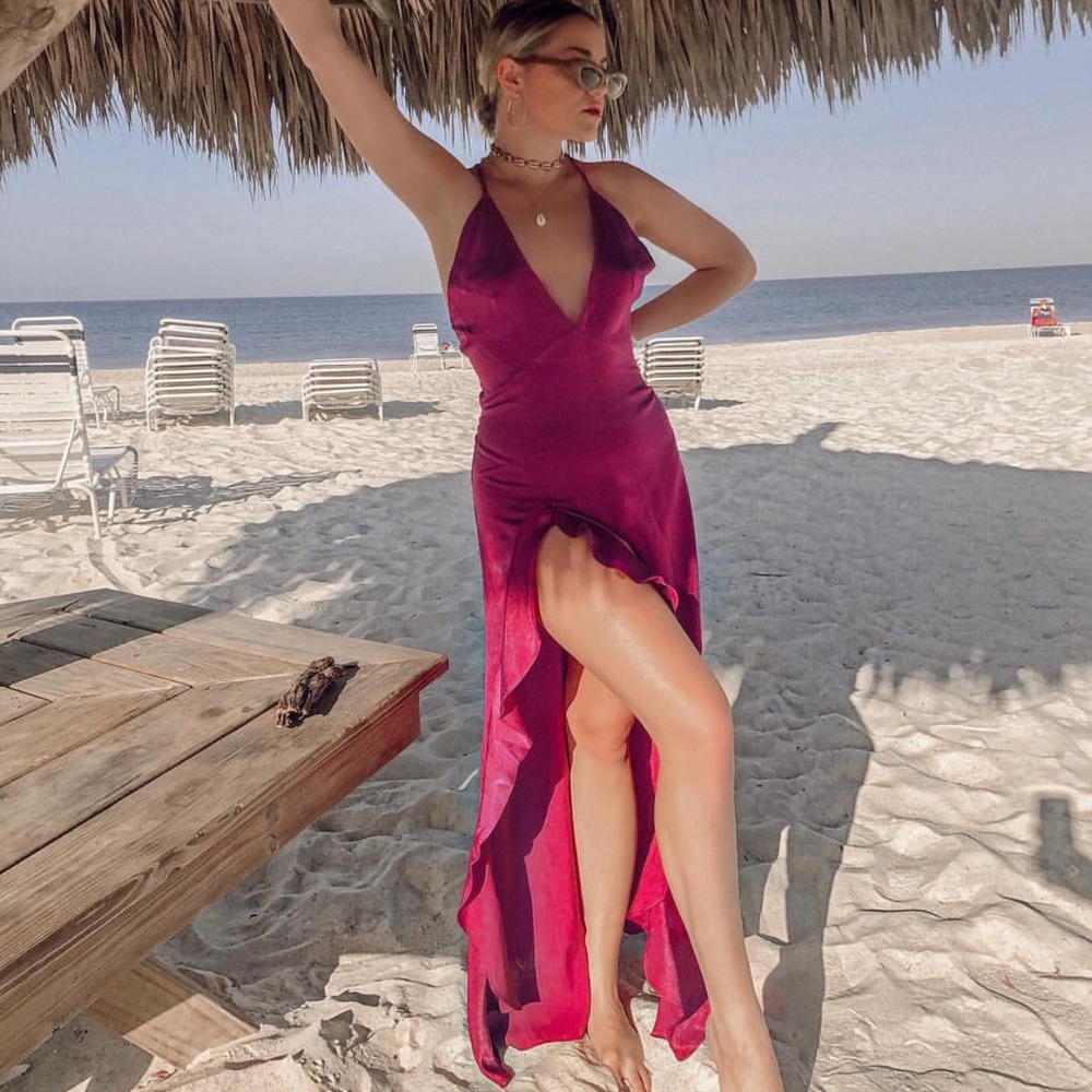 slip dress with a slit and ruffles